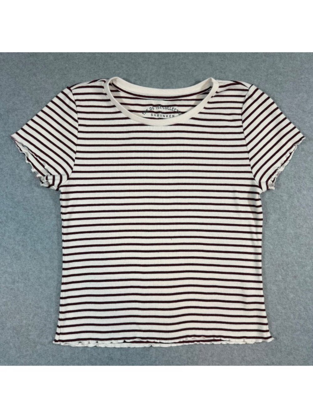 The OG Tee Collection Women's Large White Red Striped Ribbed Lettuce Hem Tee